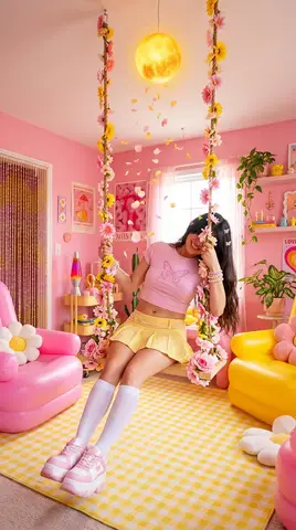 Пример промпта для яркой комнаты с качелей из цветов, висящей под светящейся сферой.