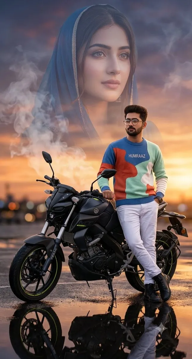 Пример промпта с мужчиной у Yamaha MT-15 и полупрозрачным женским портретом в двойной экспозиции.