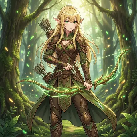 Фэнтезийный эльфийский лучник с заострёнными ушами и луком.