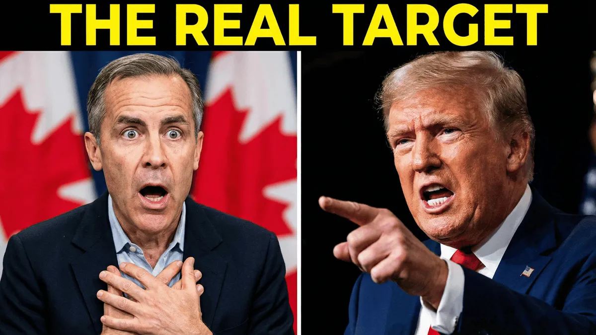 Слева Mark Carney выглядит шокированным, справа Trump сердито указывает на него.
