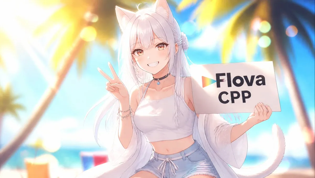 Персонаж держит табличку с текстом Flova CPP и показывает знак мира. · пример 3