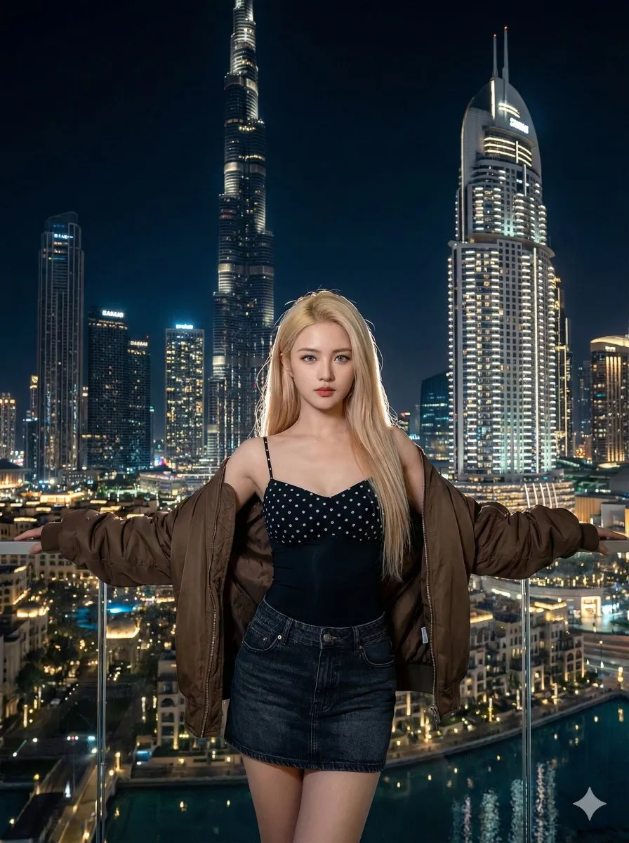 Пример к промпту для модного портрета с видом на Burj Khalifa.