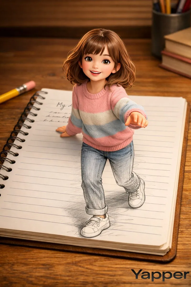 Пример промпта для иллюзии выхода 3D-персонажа из страницы блокнота. · пример 4