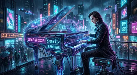 Пример промпта для изображения Шопена, играющего на фортепиано в киберпанк-стиле.