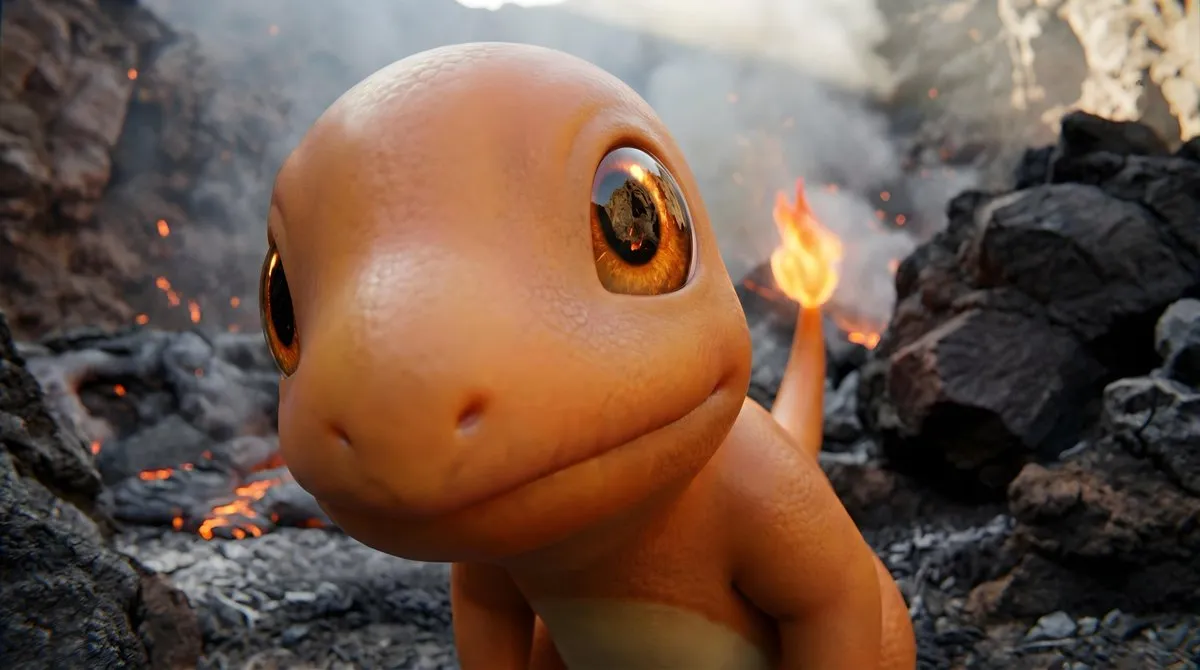 Сцена дикой природы мира Pokémon, снятая от первого лица с эффектом объектива «рыбий глаз». · пример 3
