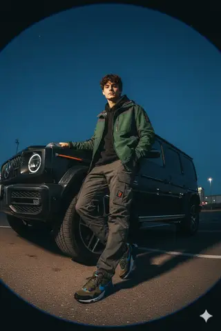 Мужчина в одежде Gorpcore сидит рядом с Mercedes G Wagon в синих сумерках, кадр снят снизу со вспышкой.