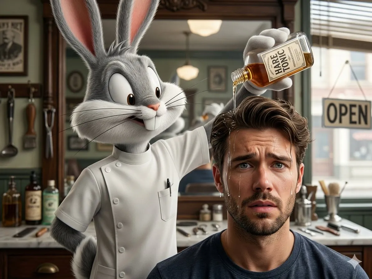 Багз Банни в белой форме льёт жидкость из флакона HARE TONIC на голову мужчины.