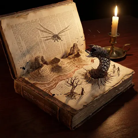 Из открытой книги поднимается миниатюрный мир: строки становятся горами, реками и деревьями.