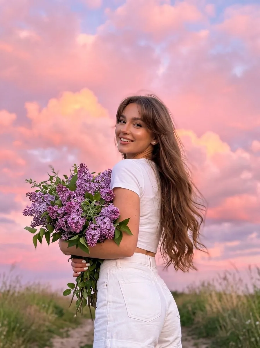 Пример промпта для фотореалистичного портрета девушки с сиренью на фоне закатного неба.