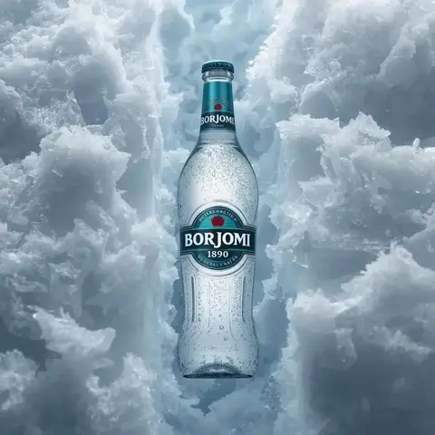 Промпт для предметной фотографии бутылки Borjomi в окружении льда и снега.
