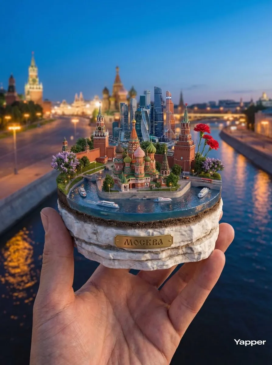 Пример миниатюрной Москвы на острове с Кремлём, Москва-Сити и рекой. · пример 2