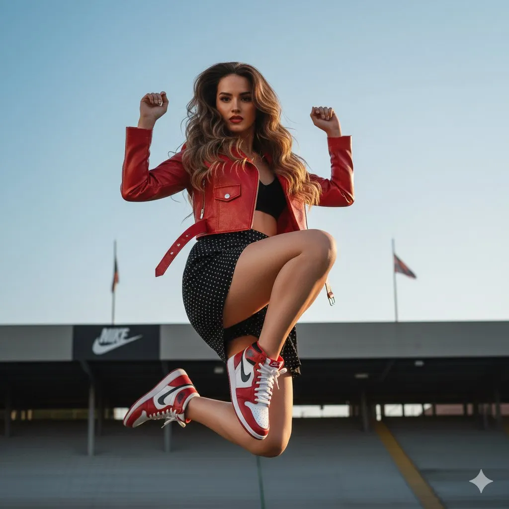 Пример промпта для динамичного портрета в красной куртке и кроссовках Nike Air Jordan 1. · пример 2