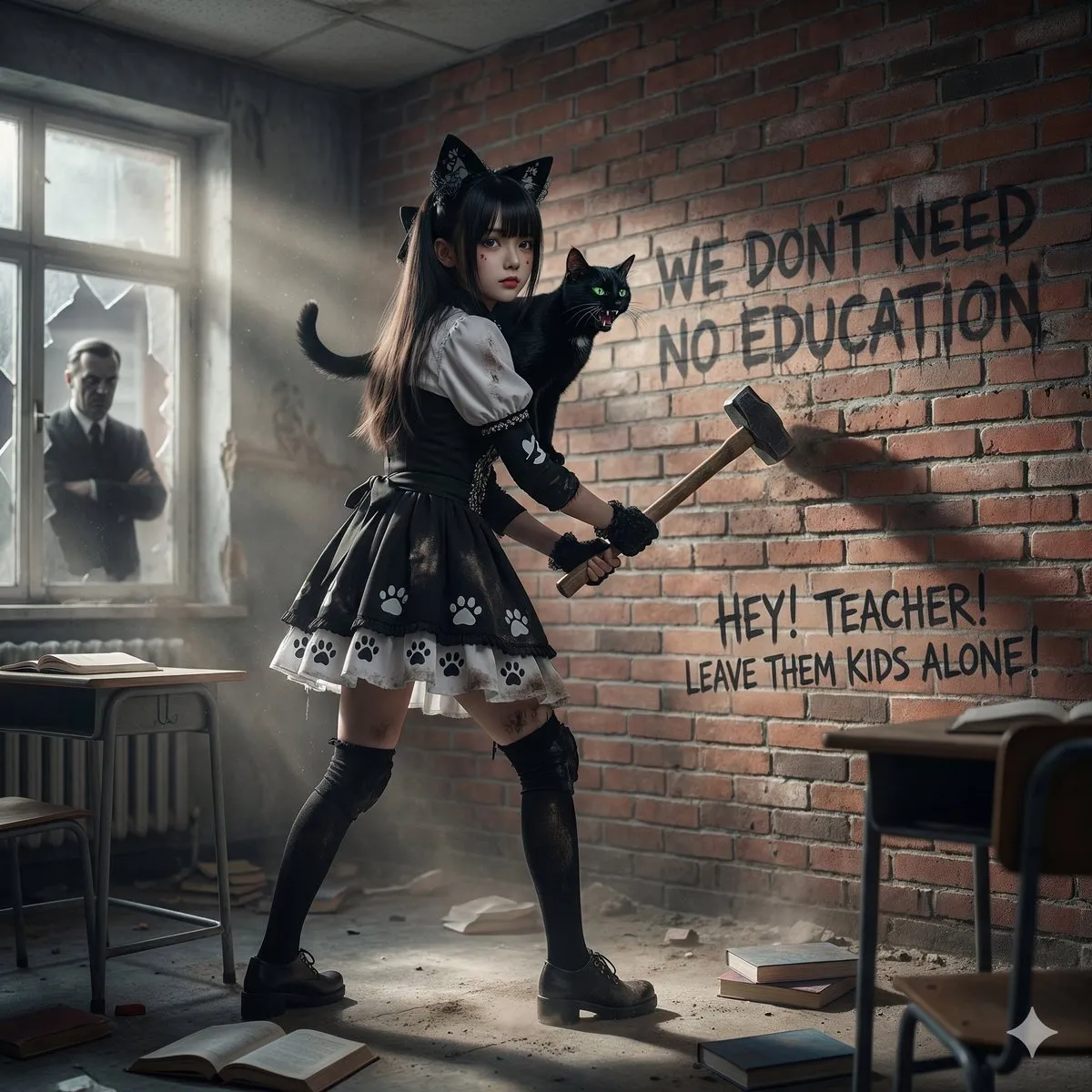 Промпт для создания изображения по песне Another Brick In The Wall группы Pink Floyd. · пример 3
