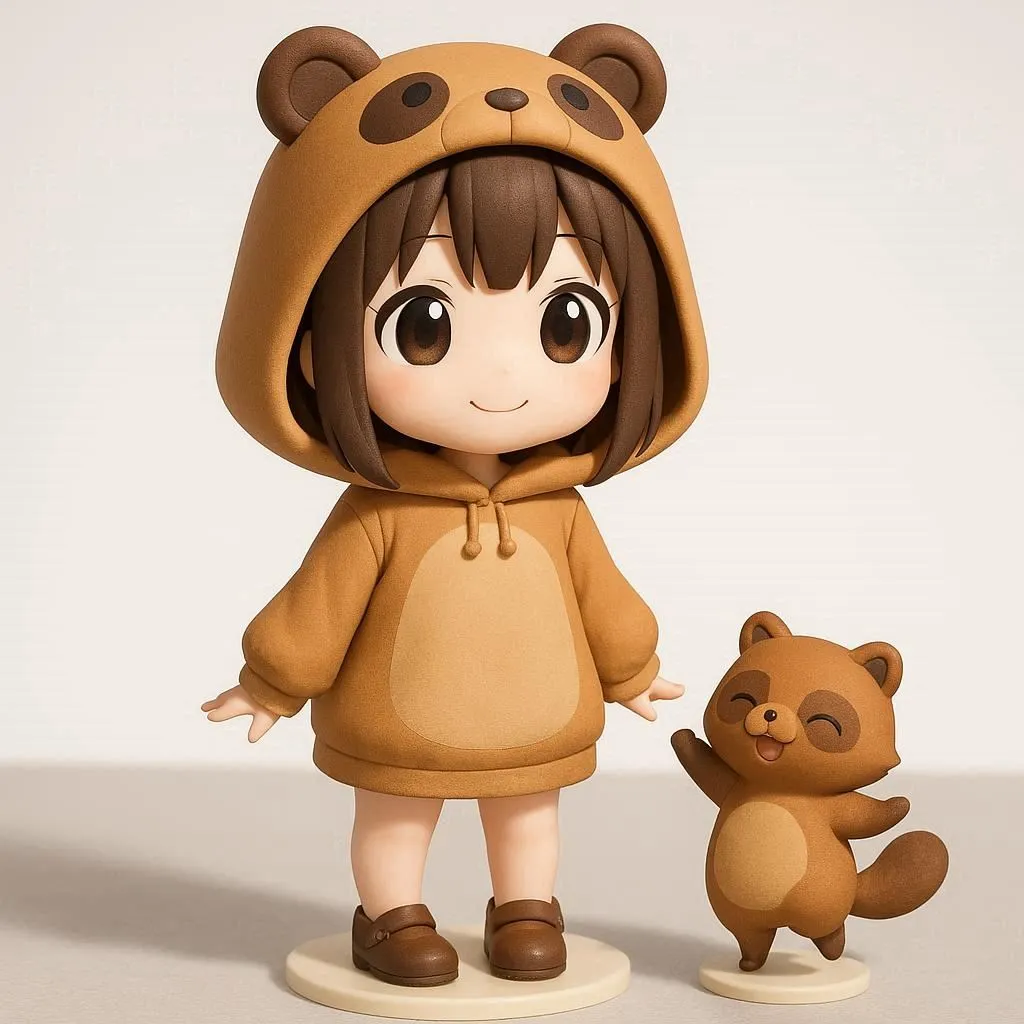 Промпт для японского рекламного изображения фигурки Tanu Figure с подарочным енотом. · пример 2