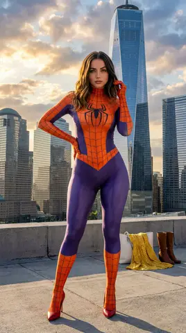 Женщина в боди Spider-Man стоит на крыше нью-йоркского небоскрёба