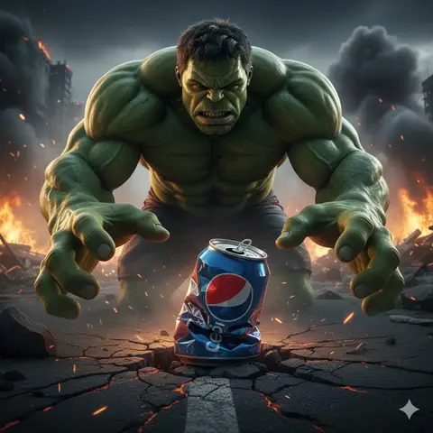 Текстовый JSON-промпт с рукой Hulk и раздавленной банкой Pepsi.