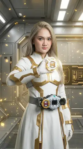 Героиня превращается в бело-золотую броню Kamen Rider с помощью Ridewatch и встаёт в боевую стойку.
