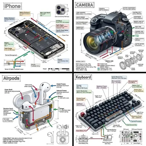 Инженерная инфографика 2×2 с разрезами смартфона, камеры, наушников и клавиатуры.