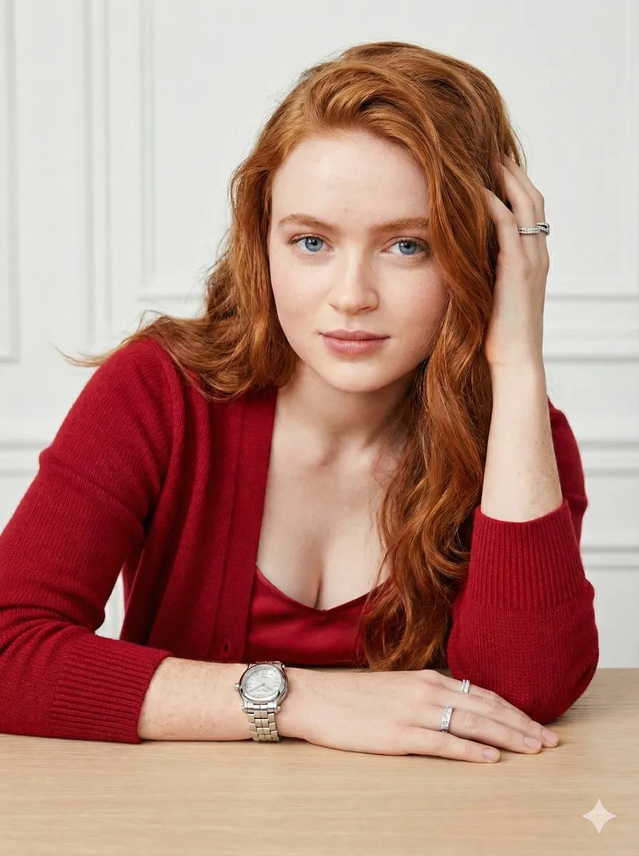 Sadie Sink в красном кардигане сидит у деревянного стола в светлом интерьере. · пример 2