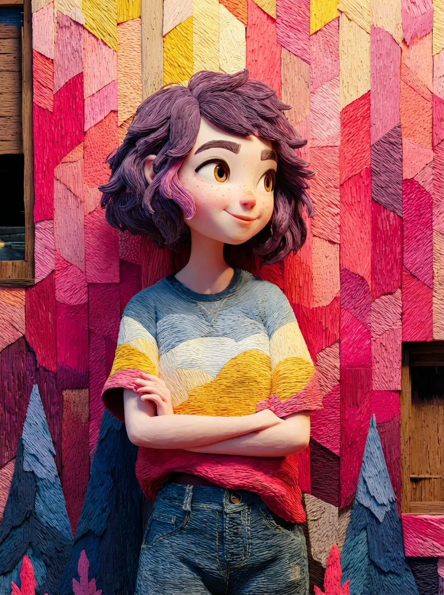 Промпт для двух стилизованных 3D-иллюстраций девушки на фоне декоративных деревянных стен. · пример 2