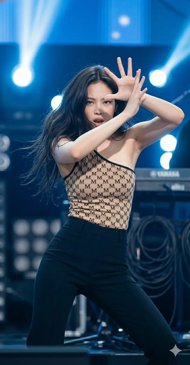 Jennie из BLACKPINK позирует в три четверти с развевающимися волосами на фоне сценического оборудования и холодного синего света. · пример 3