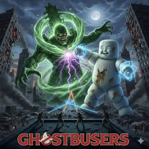 Пример промта для сцены Ghostbusters с Gozer и Stay Puft Marshmallow Man.