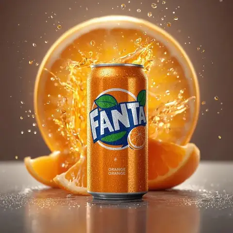 Промпт для рекламной фотографии холодной банки Fanta Orange с брызгами и ломтиками апельсина.
