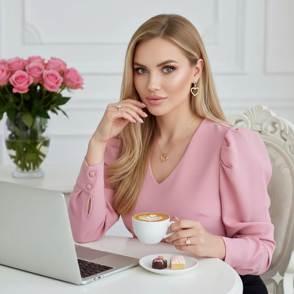 Пример промпта для портрета за ноутбуком с чашкой кофе и розами.