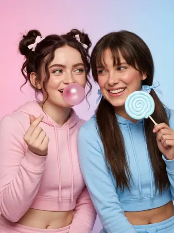 Sadie Sink и Millie Bobby Brown сидят на полу в пастельных укороченных толстовках в розово-голубой студии.