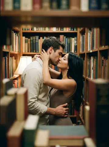Промт для интимной плёночной фотографии пары в узком книжном проходе.