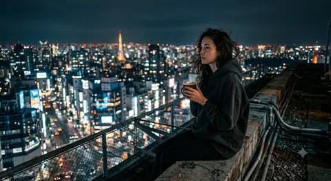 Пример промпта для ночного портрета женщины на крыше города с неоновыми отражениями.