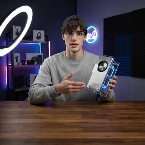 Молодой техноблогер показывает Bluetooth-колонку на столе в затемнённой студии.
