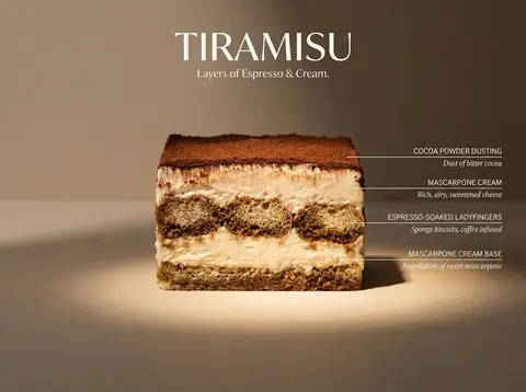 Разрез тирамису с подписями слоёв какао, крема и бисквита.