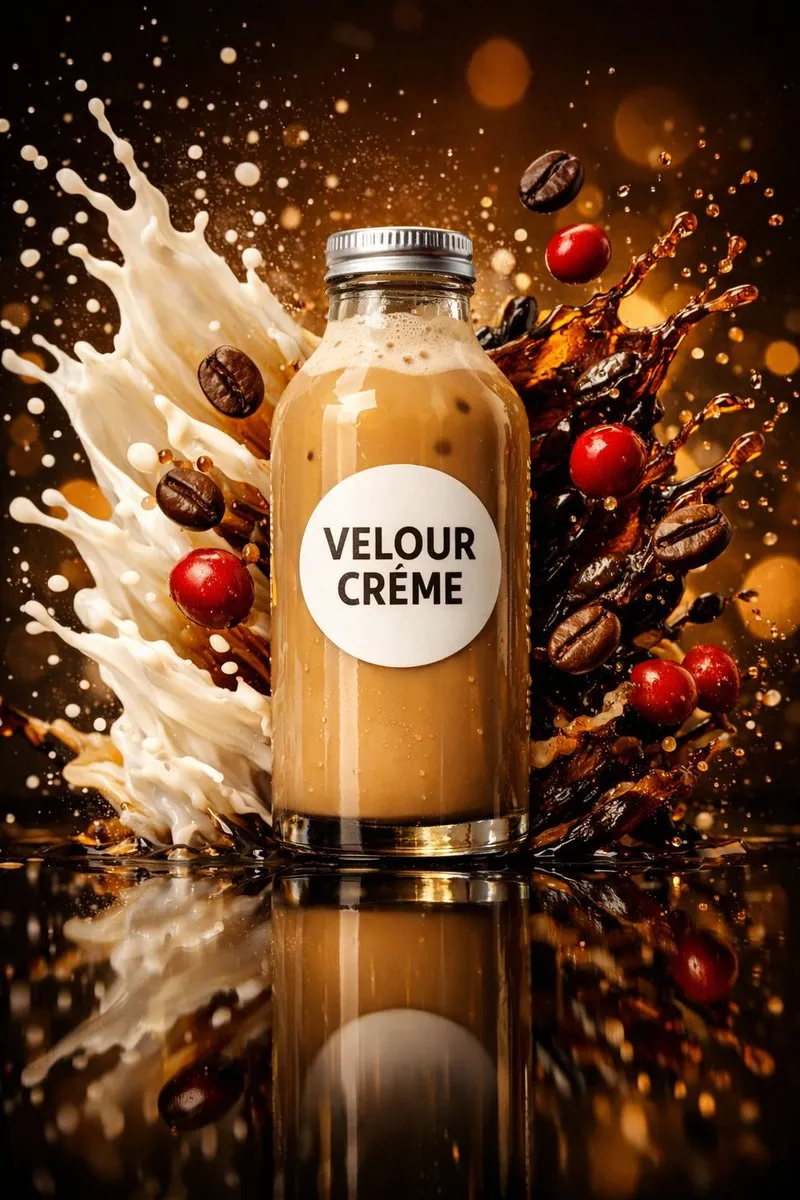 Стеклянный флакон VELOUR CRÈME окружён молочными и кофейными брызгами. · пример 1