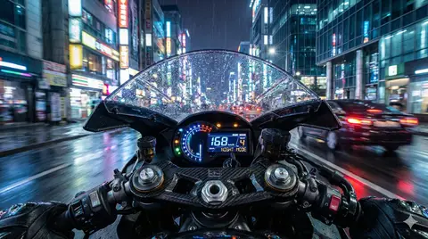 Пример промпта для ночного вида с мотоцикла Kawasaki на мокрой городской улице.