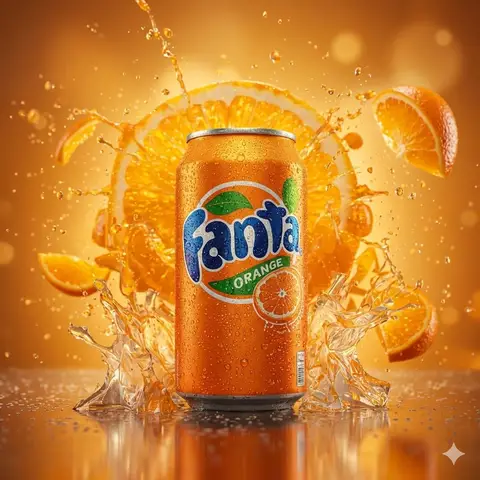 Пример рекламного кадра банки Fanta Orange среди разлетающихся долек и капель сока.