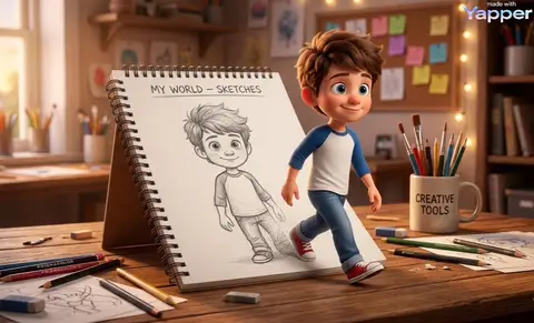 Мультяшный мальчик выходит из альбома с надписью MY WORLD – SKETCHES, рядом стоит кружка CREATIVE TOOLS.