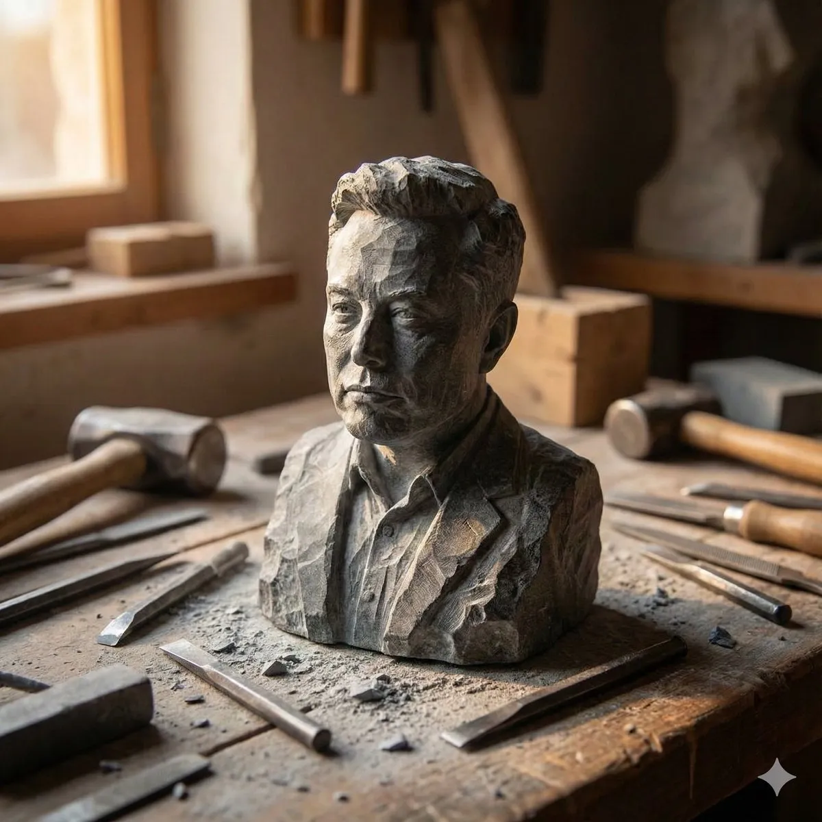Миниатюрная каменная статуэтка стоит среди инструментов на верстаке. · пример 1