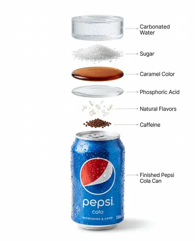 Охлаждённая банка Pepsi и отдельная инфографика ингредиентов напитка.