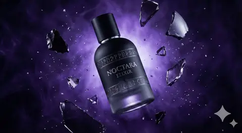 Промпт для предметной съёмки флакона Noctara Elixir с каплями и осколками стекла на пурпурном фоне.