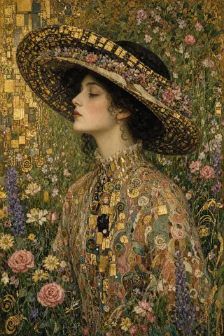Текстовый промпт для картины в стиле Gustav Klimt с женщиной в саду.