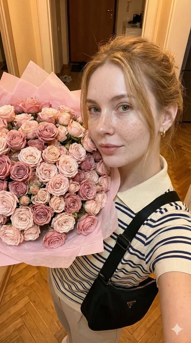 Промпт для домашнего селфи с девушкой и большим букетом роз.