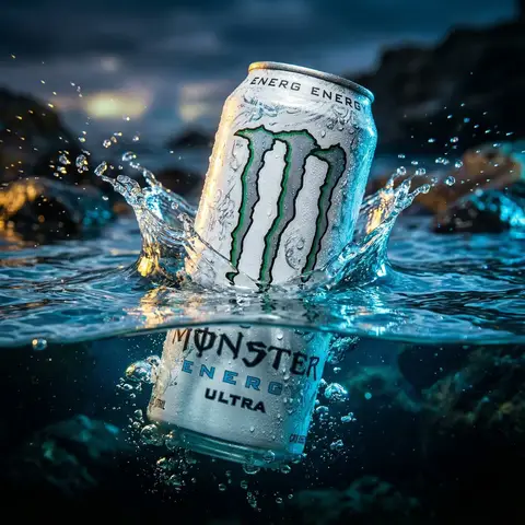 Белая банка Monster Energy Ultra наполовину погружена в прозрачную воду с разлетающимися брызгами.