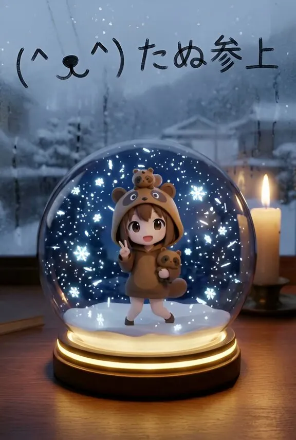 Пример промпта для сцены с персонажем чиби внутри снежного шара. · пример 5