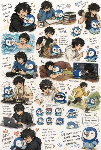 Промпт для аниме-листа с повседневными сценами дружбы героя и Piplup.