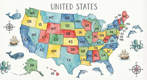 Акварельная карта США с сокращениями штатов и творческими иллюстрациями.