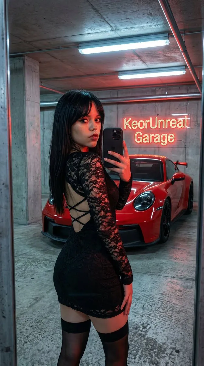 Женщина в чёрном платье делает селфи в гараже с красным Ferrari и вывеской KeorUnreal Garage. · пример 2