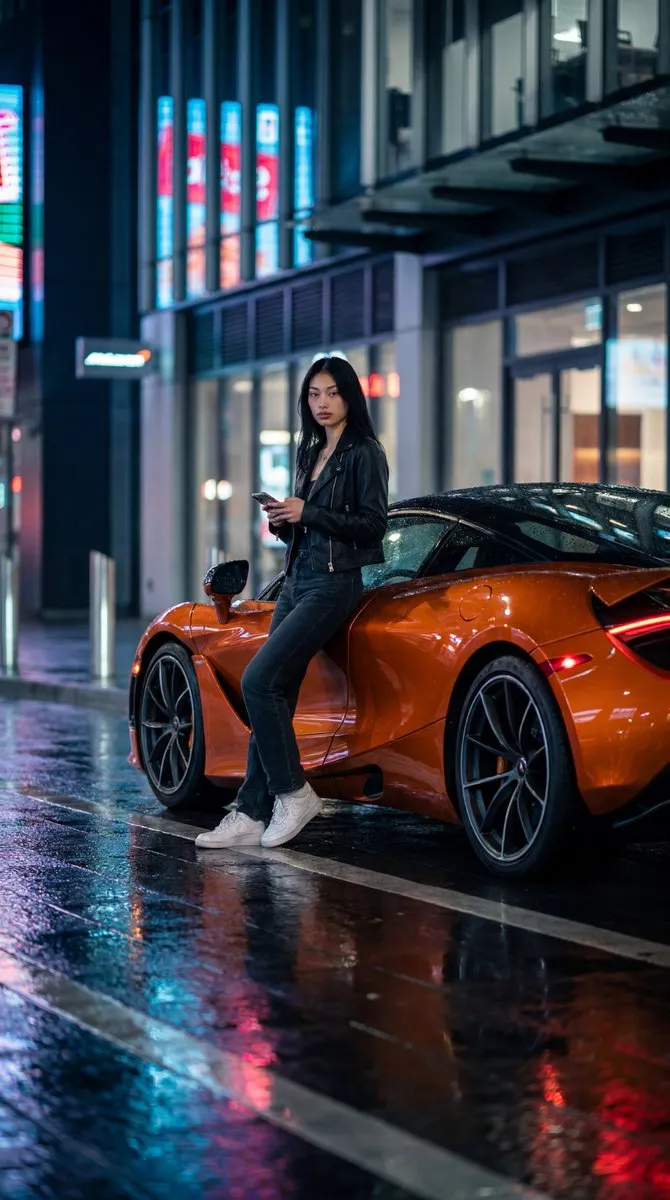 Молодая женщина в чёрной куртке стоит у оранжевого McLaren 720S на ночной улице с мокрым асфальтом.