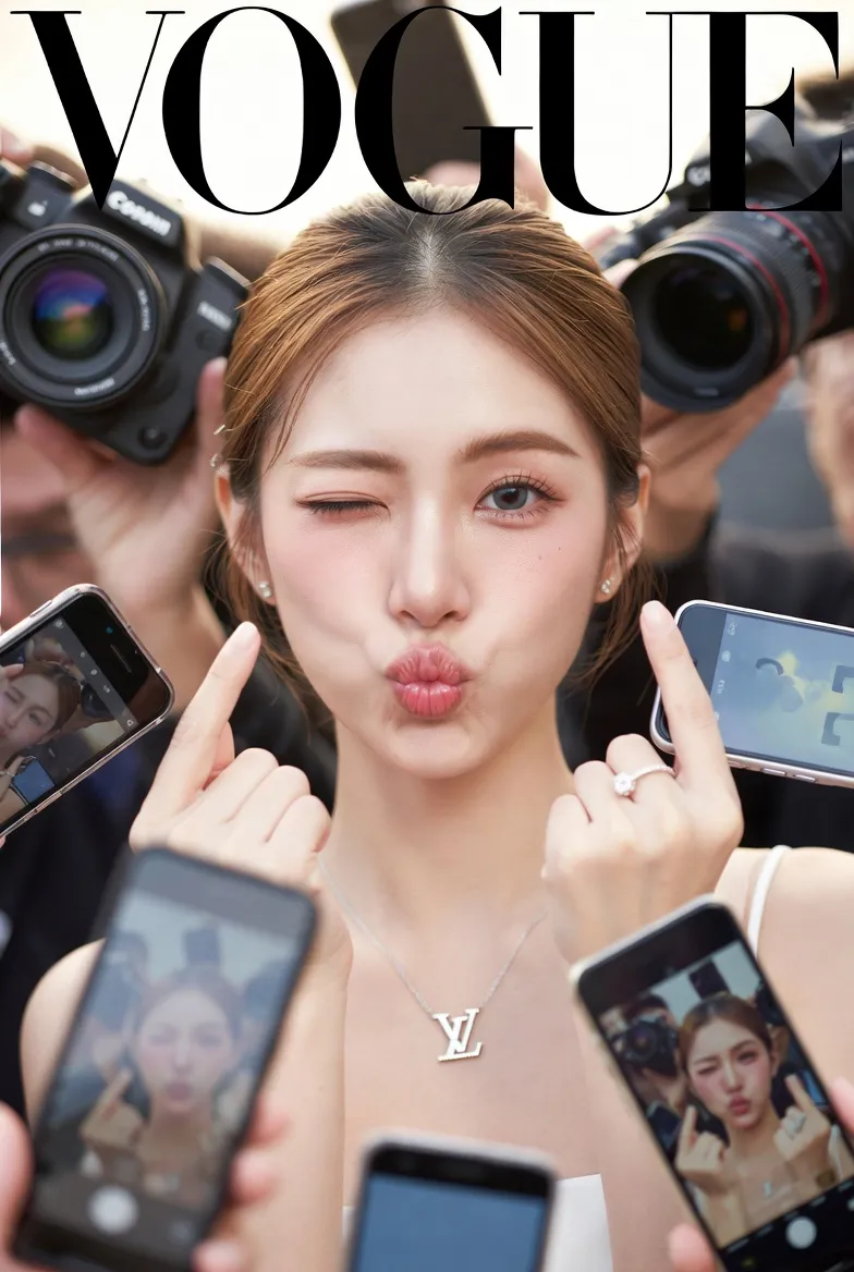Женщина подмигивает и складывает руками сердце, пока её снимают фотографы папарацци · пример 2