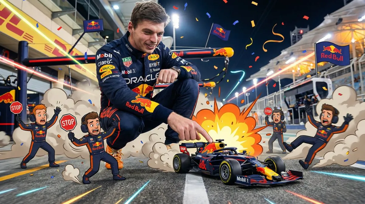 Гигантский Макс Ферстаппен трогает маленькую машину Red Bull, механики разбегаются. · пример 2